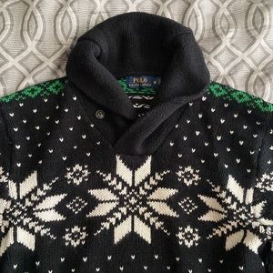 Shawl Collar Black Polo Snow Flake Sweater